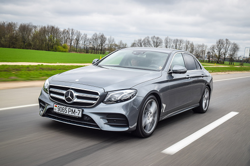 Minsk, Belarus - April 21, 2016: 2016 model year Mercedes-Benz E220d. The new E-Class is engineered to deliver more comfort, more efficiency and a more connected drive than ever before.