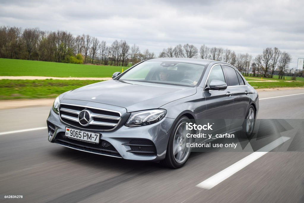 2016 Mercedes-Benz E-class Minsk, Belarus - April 21, 2016: 2016 model year Mercedes-Benz E220d. The new E-Class is engineered to deliver more comfort, more efficiency and a more connected drive than ever before. Mercedes-Benz Stock Photo