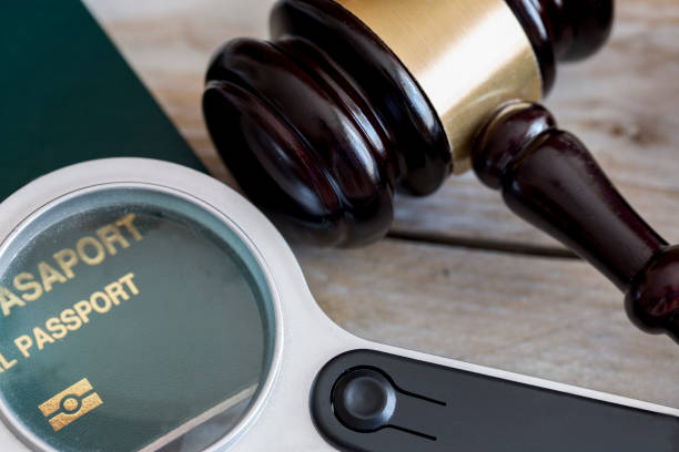 Immigration law concept. Gavel, passport and magnifying glass on wooden table stock photo