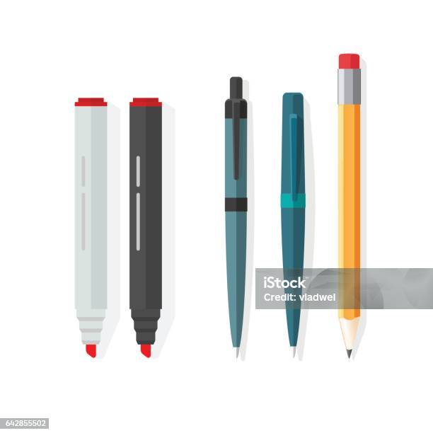 Pens Pencils Markers Vector Dot Biro Pen With Red Rubber Eraser Pencil Stock Illustration - Download Image Now