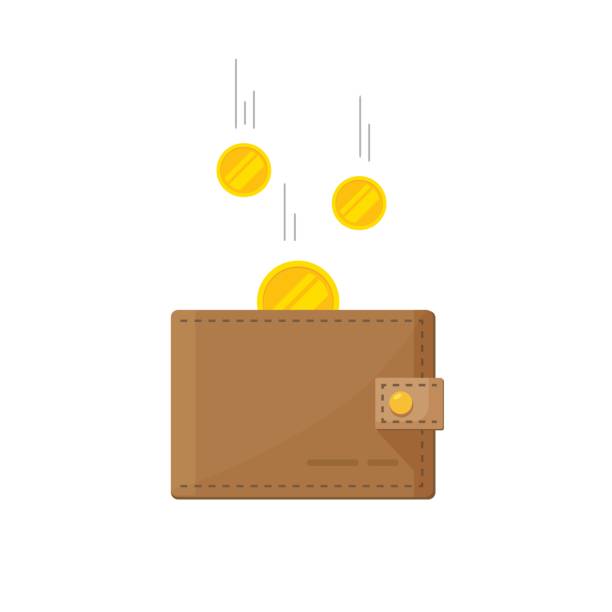 Fund savings, cash earnings, financial success, getting wealth, salary income icon isolated on white Golden coins money flying in wallet vector illustration, idea of fund savings, cash earnings, financial success, getting wealth, salary income icon isolated on white wallet illustrations stock illustrations