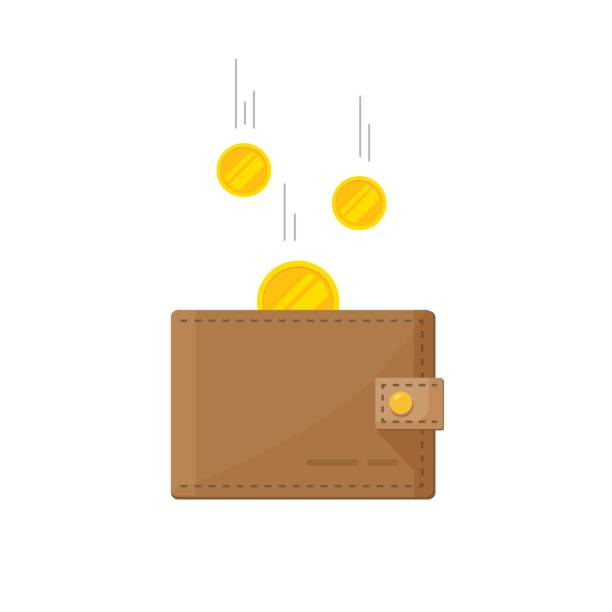 Fund savings, cash earnings, financial success, getting wealth, salary income icon isolated on white Golden coins money flying in wallet vector illustration, idea of fund savings, cash earnings, financial success, getting wealth, salary income icon isolated on white impulse shopping stock illustrations