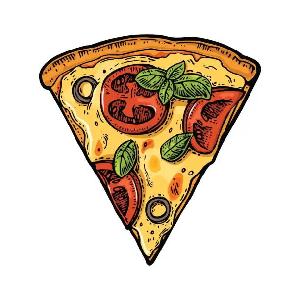Vector illustration of Slice pizza margherita. Vintage vector engraving illustration for poster, menu, box.