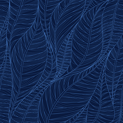 Linear seamless texture on the basis of abstract leaves. Inverse background in dark blue tones.