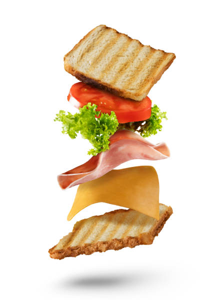 istock Sandwich with flying ingredients on white background 642882480