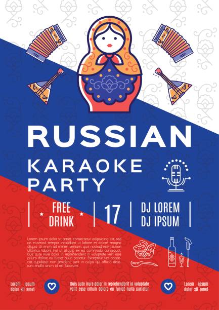 russische karaoke musik party poster oder flyer. bunte russische ikonen, flagge hintergrund, flache symbole - russian nesting doll doll russia decoration stock-grafiken, -clipart, -cartoons und -symbole