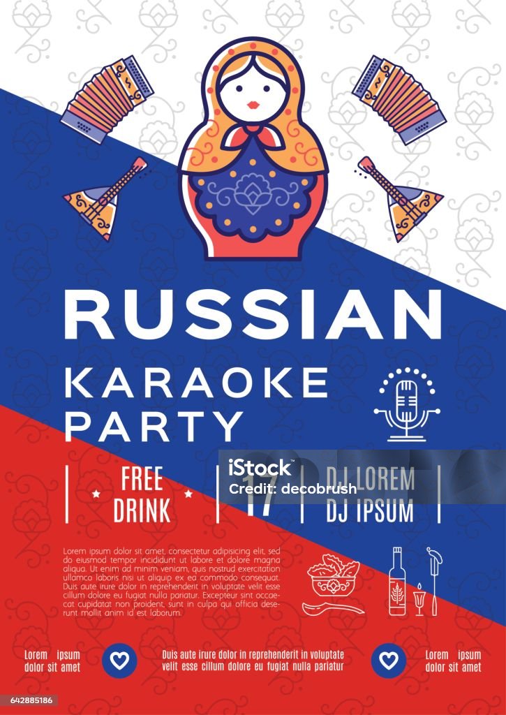 러시아 노래방 음악 파티 포스터 또는 전단지입니다 다채로운 러시아 아이콘 국기 배경 플랫 기호 러시아 장식 인형에 대한 스톡 벡터 아트  및 기타 이미지 - Istock