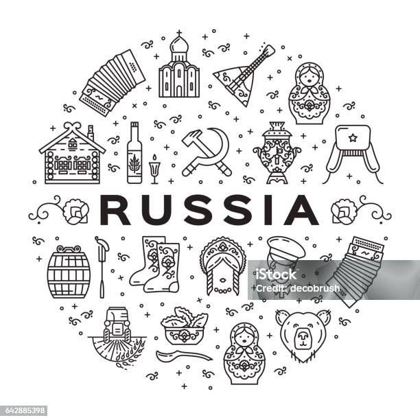 Russische Linie Symbole Kreis Infografiken Russische Traditionelle Symbole Flagge Essen Matrjoschka Wodka Samowar Stock Vektor Art und mehr Bilder von Balalaika