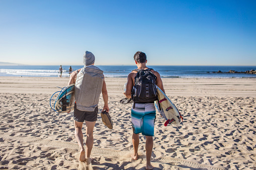 Rear view of young friends carrying backpacks and surfboards. Full length of men are walking on sand. They are visiting Venice Beach during summer.