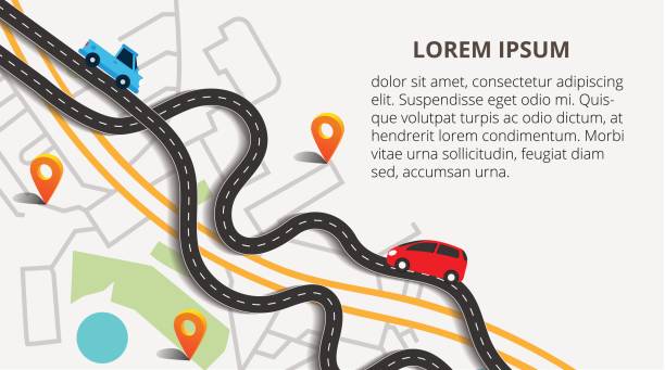 Top view city map with winding roads. Street Map with navigation icons. Navigation concept. Vector illustration can used for web banner and info graphic. Top view city map with winding roads. Street Map with navigation icons. Navigation concept. Vector illustration can used for web banner and info graphic. road map illustrations stock illustrations