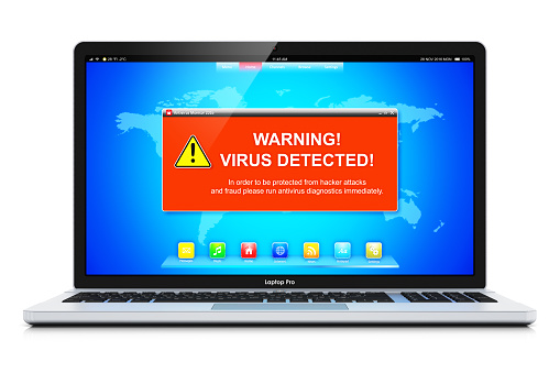 Creative abstract computer PC internet network safety technology and web security system business communication concept: 3D render illustration of modern black glossy metal office laptop or notebook with virus alert attack warning message on screen display isolated on white background