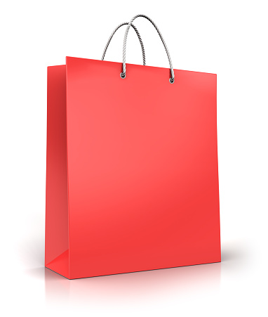 Creative abstract commercial business retail sale and online shopping concept: 3D render illustration of red color paper shopping bag isolated on white background with reflection effect