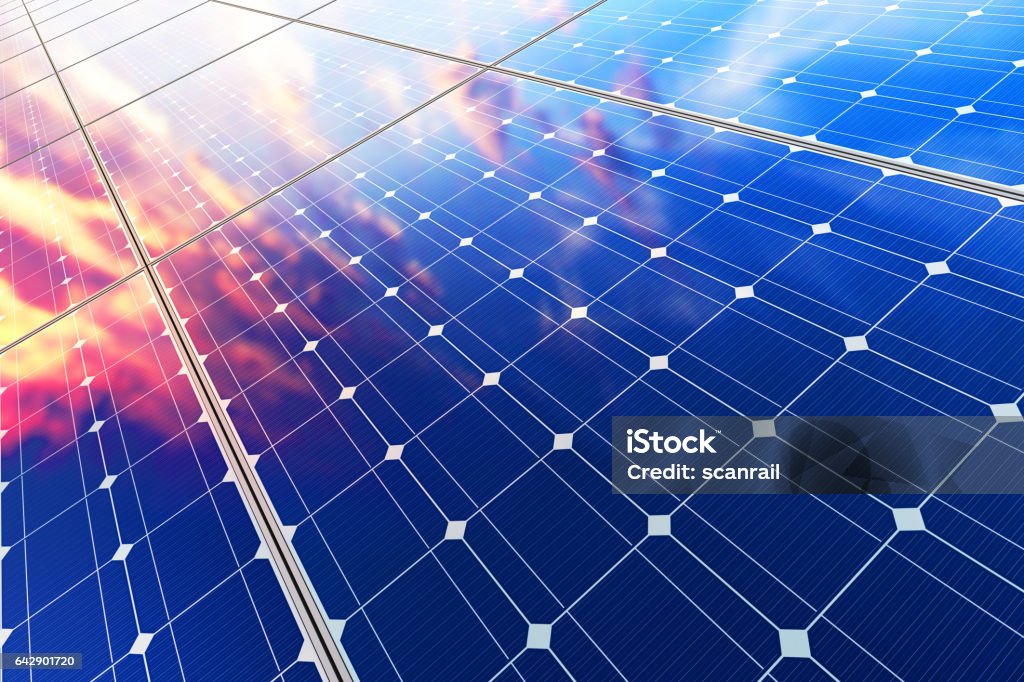 Electric solar battery panels Creative abstract solar power generation technology, alternative energy and environment protection ecology business concept: 3D render illustration of the group of solar battery panel modules against scenic sunset with blue sky with sun light Solar Energy Stock Photo