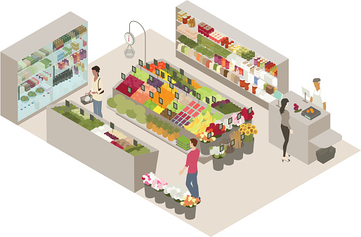 Detailed produce shop (or green grocer) illustration includes shopkeeper, three customers, and dozens of fruits, vegetables, and related groceries. The street-style business is a colorful representation of small business and entrepreneurship. The scene could also represent healthy (and organic) eating. Detailed vector artwork is illustrated in isometric view.