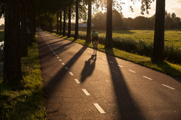 motociclista em única pista estrada perto de amsterdam, países baixos - single lane road road sunset rural scene - fotografias e filmes do acervo