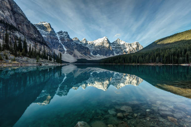 Moraine Lake Reflection Moraine Lake reflection on a calm morning in Banff National Park, Alberta, in the heart of the Canadian Rockies. moraine lake stock pictures, royalty-free photos & images