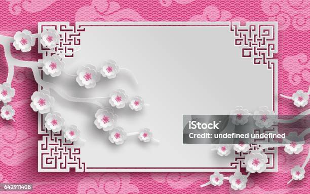 Chinese Pattern Frame With Sakura Branches And Clouds Stock Illustration - Download Image Now