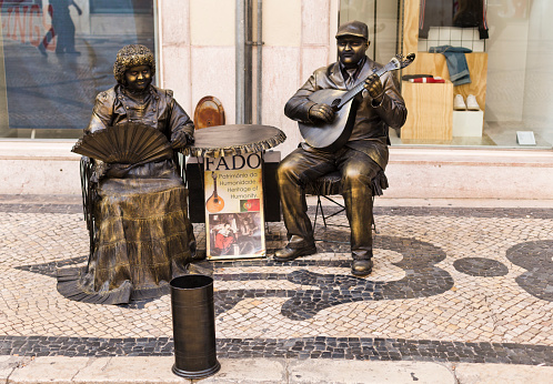 Living statues impersonating Fado, the Portuguese national song, in downtown Lisbon, Portugal