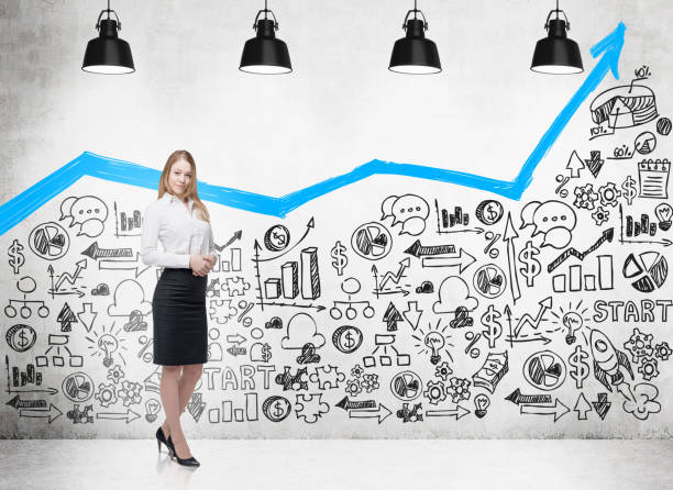 istock Blond woman near wall with graph and icons 642929752