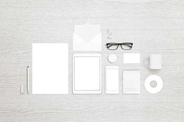 istock Top view of isolated stationary objects for branding, identity design presentation. White background. 642936832