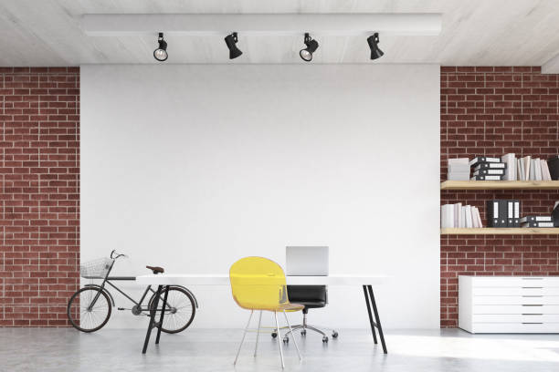 istock Front view of home office with yellow sofa 642939818