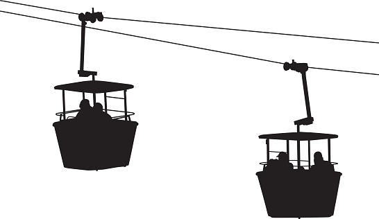 vector silhouette of sky ride buckets hanging from cables.