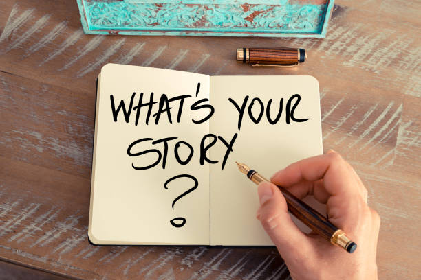 Question What Is Your Story ? Retro effect and toned image of a woman hand writing a note with a fountain pen on a notebook. Handwritten Question What Is Your Story ? as success and evolution concept image creative writing stock pictures, royalty-free photos & images