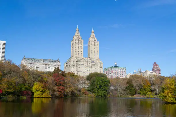 Photo of San Remo and Dakota buildings from Central Park during the fall season