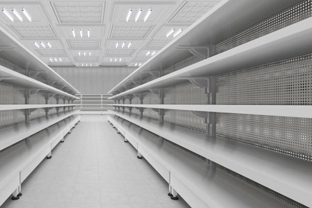 istock Supermarket aisle with empty shelves 642971462
