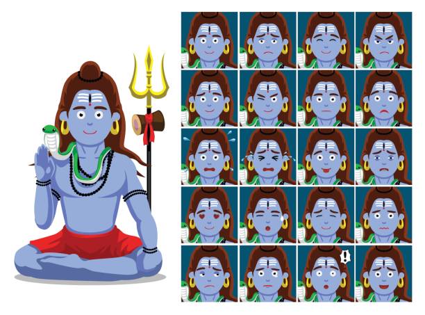 ilustraciones, imágenes clip art, dibujos animados e iconos de stock de ilustración de vector se enfrenta a hindú dios shiva de la historieta emoción - khajuraho india indian culture temple