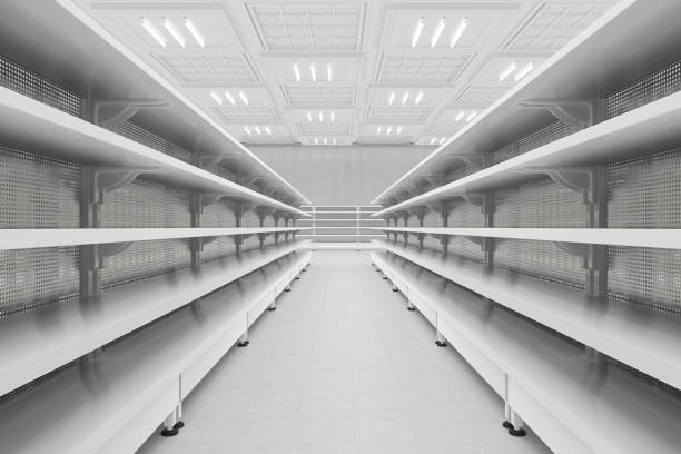 istock Supermarket aisle with empty shelves 642971492