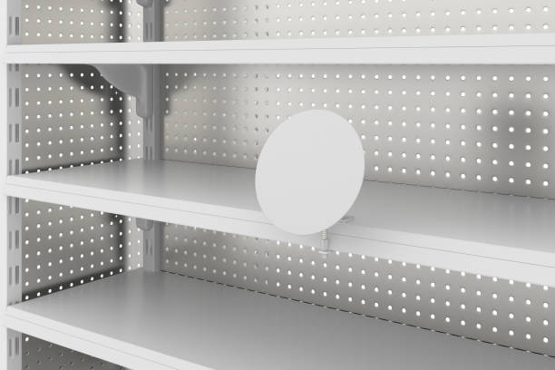 istock Empty supermarket shelves isolated on white background 642973574
