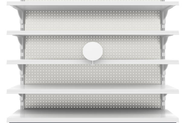 istock Empty supermarket shelves isolated on white background 642973608