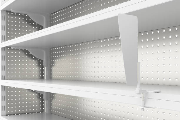 istock Empty supermarket shelves isolated on white background 642973642