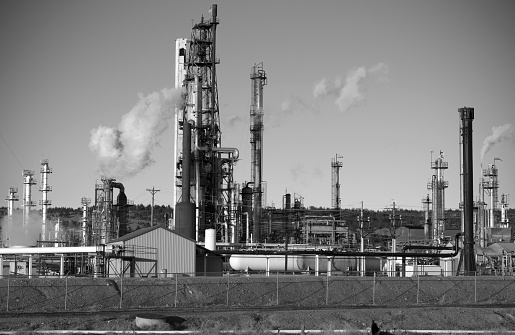 Black and white image of industrial plant