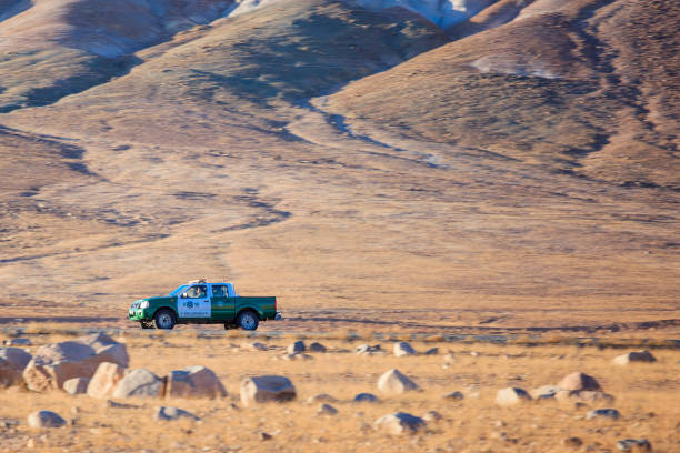 Copiapo, Chile - January 19, 2017: A pick up of Carabineros de Chile (Chilean Police) patrol a road in the atacama desert near to Diego de Amagro town