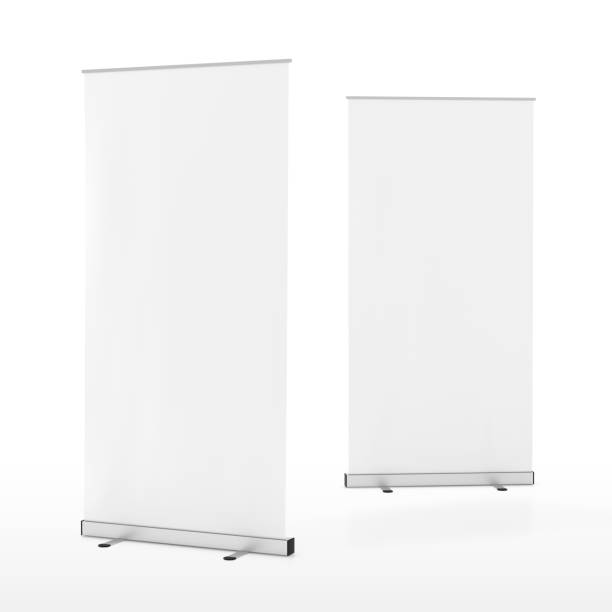 istock Roll-up banners stand isolated on white background. 642984628