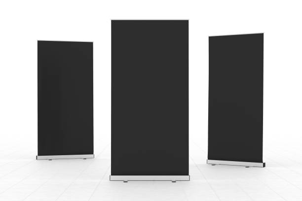istock Roll-up banners stand isolated on white background. 642984714
