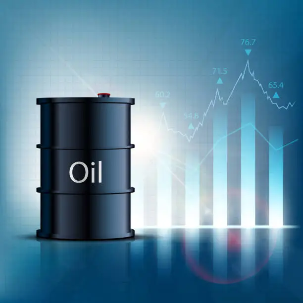 Vector illustration of Barrel of oil with financial graphs and charts.