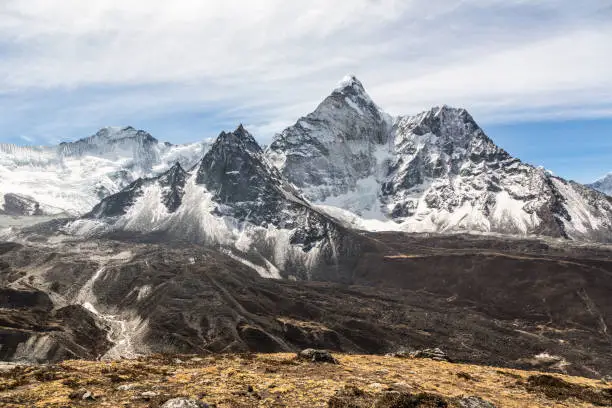Amphu Gyabjen peak (5630m) view from the Chukung valley near the village of Dingboche on the way to the Everest base camp in the Himalayas in Nepal