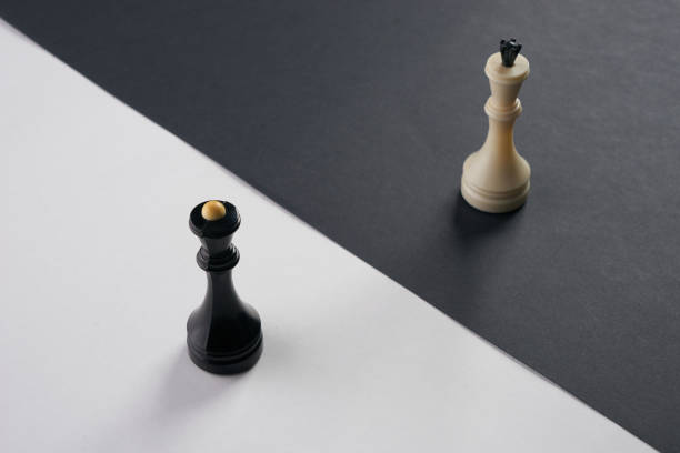 istock King and Queen Chess Pieces on black and white surface 642994218