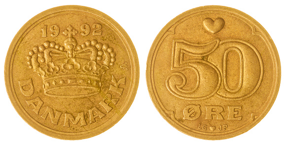 Bronze 50 ore 1992 coin isolated on white background, Denmark