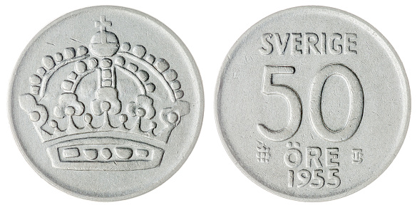 Silver 50 ore 1955 coin isolated on white background, Sweden