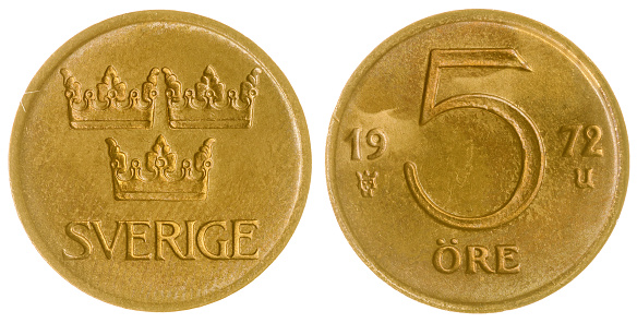 Bronze 5 ore 1972 coin isolated on white background, Sweden