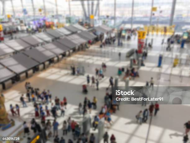 Top View Of Blurred Airport Counter Check In Stock Photo - Download Image Now - Abstract, Aerospace Industry, Airline Check-In Attendant