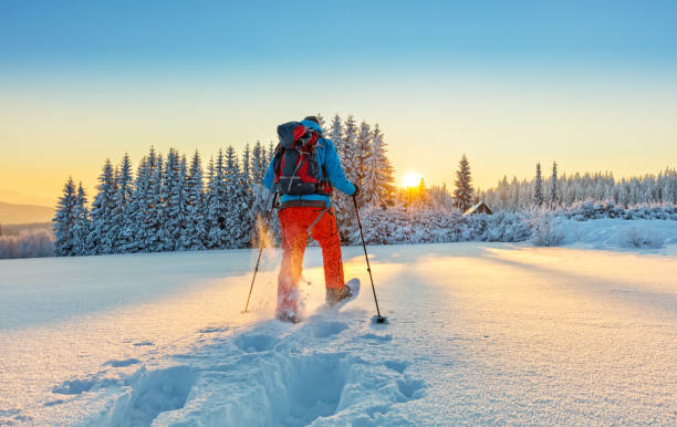 Snowshoe walker running in powder snow Snowshoe walker running in powder snow with beautiful sunrise light. Outdoor winter activity and healthy lifestyle winter sport stock pictures, royalty-free photos & images