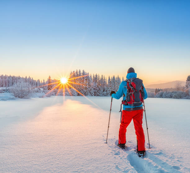 walker de raquetes de neve, correndo na neve em pó - snowshoeing winter sport snowshoe hiking - fotografias e filmes do acervo