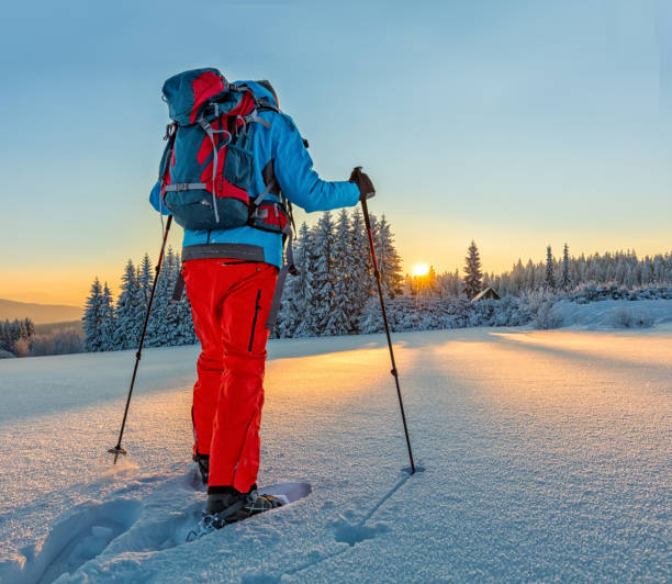 istock Snowshoe walker running in powder snow 643018618