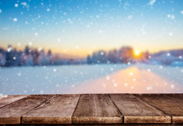 istock Empty wooden planks with winter mountains 643021384