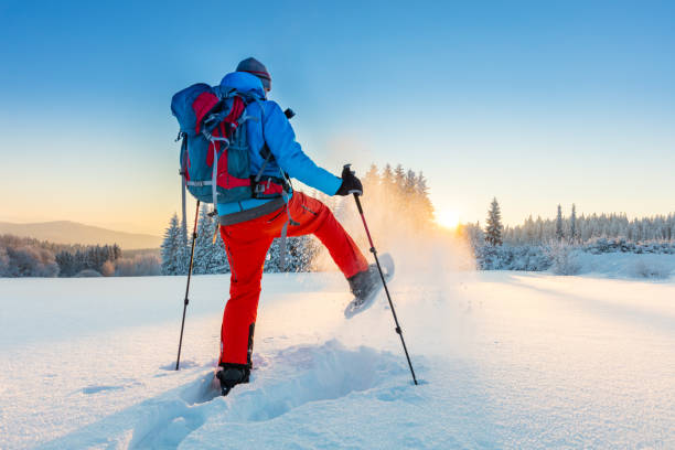 istock Snowshoe walker running in powder snow 643021454